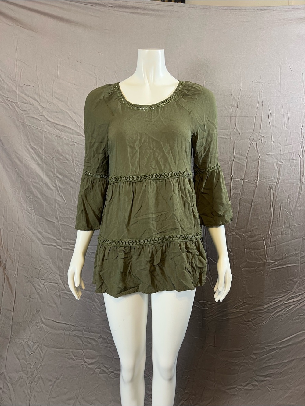 Spense Olive Crochet-Trim Peasant Tunic